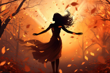 Beautiful woman with flying hair in the autumn forestの素材