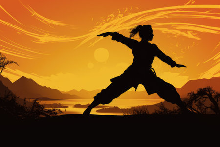 Kung fu master in the mountains at sunset.の素材
