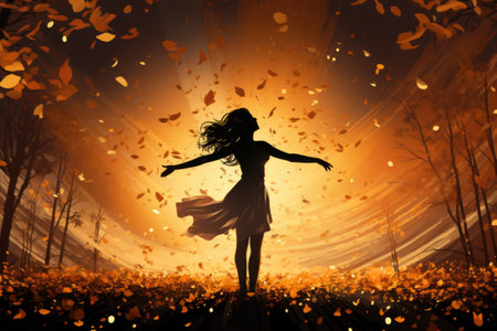 Silhouette of a girl in the autumn forest with falling leavesの素材