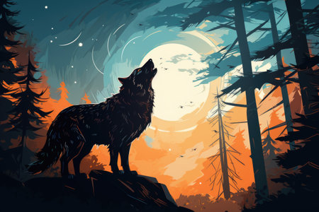 Illustration of a wolf in the forest at night.の素材