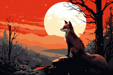 Vector illustration of a fox in the forest at night with full moonの素材