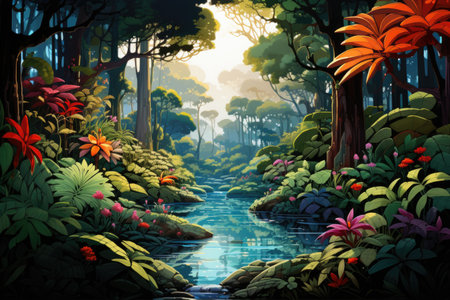 Fantasy landscape with river and tropical forest - illustration for children.の素材