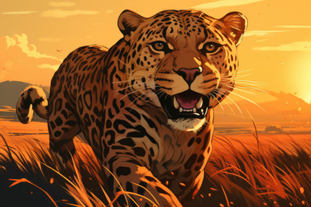 Jaguar on the meadow at sunset. Vector illustration.の素材