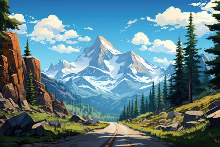 Beautiful mountain landscape with road and blue sky. Digital painting.の素材