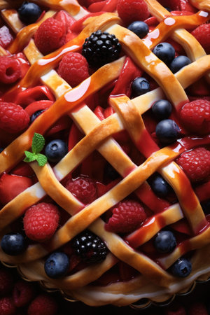 An intricately crafted lattice design on a fruit tartの素材