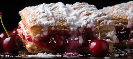 A detailed shot capturing the close-up view of a cherry turnover, its warmth and flakiness enhanced by a layer of powdered sugarの素材