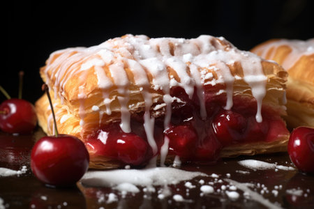 A detailed portrayal showcasing the close-up of a warm and flaky cherry turnover, featuring the added touch of powdered sugarの素材