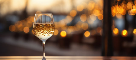 A landscape background with a glass of white wine in focusの素材