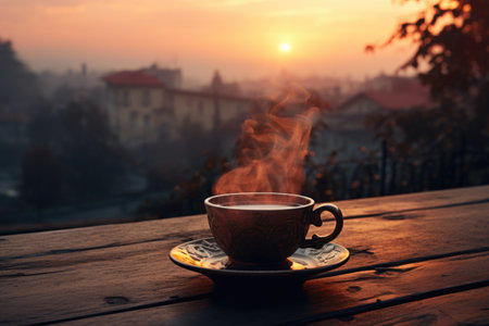 Tea in a cup, rich in aroma, set against the backdrop of a landscapeの素材