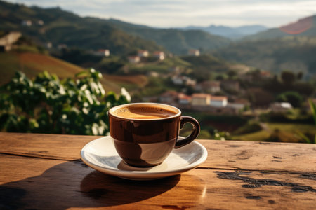 a cup of aromatic espresso against a landscape backgroundの素材