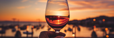 A hand gripping a wine glass with a sunset landscape in the backgroundの素材