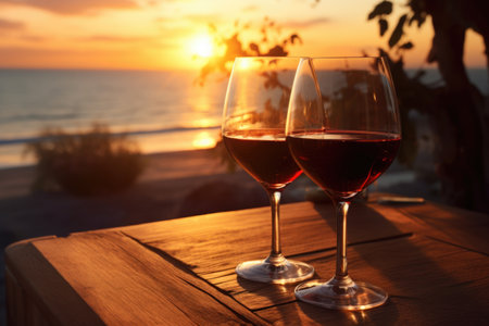 Wine positioned against the stunning backdrop of a sunset landscapeの素材
