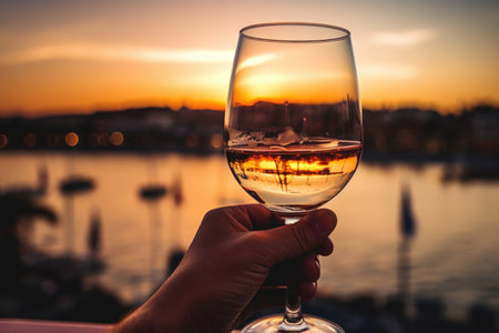 Against the backdrop of a sunset landscape, a hand holds a glass of wineの素材
