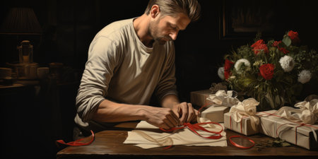 Man wrapping a gift for his beloved on Valentine's Day. Valentines day conceptの素材