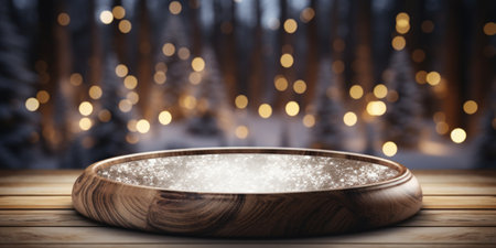 Wooden round platform with bokeh backgroundの素材