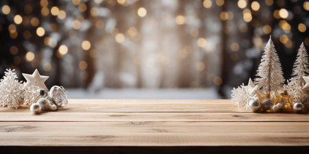 Wooden table with christmas decorations on bokeh background.の素材