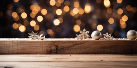 Christmas decoration on wooden background with bokeh lights in the backgroundの素材