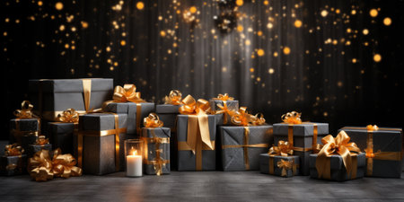 Gift boxes with golden ribbons on dark backgroundの素材