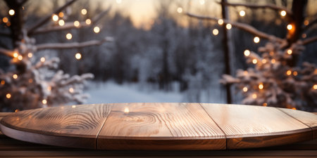 Empty wooden table for product display montages. Winter nature background.の素材