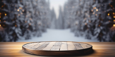 Wooden table top on blurred winter forest background.の素材