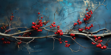 Christmas background with red berries on a branch on a dark blue backgroundの素材