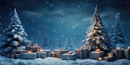 Christmas background with a Christmas tree in the snow.の素材