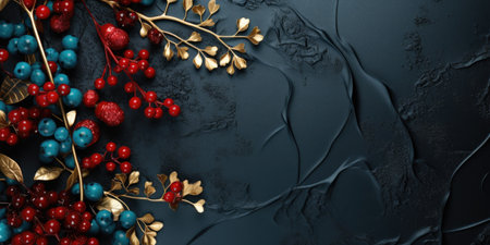 Creative layout made of berries and leaves on dark background. Flat lay. Top view.の素材