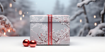 gift box with a red ribbon on a snowy backgroundの素材
