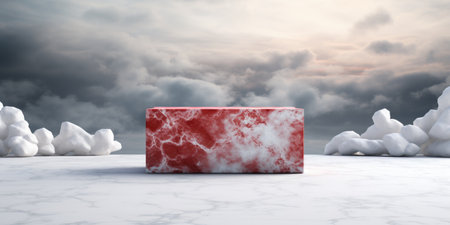 red marble podium on a white marble background with clouds in the skyの素材