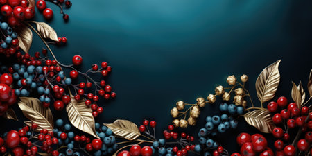 dark blue background, red berries and gold leavesの素材