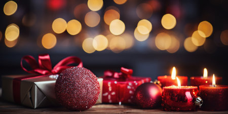 Christmas decoration with red balls and gift boxes on wooden table against defocused lightsの素材