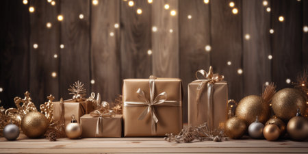 Christmas gift boxes and decorations on wooden background with bokeh lightsの素材