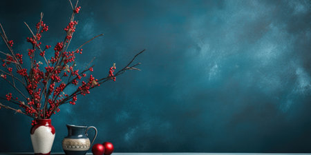 Red berries in vase and jug on blue background with copy spaceの素材