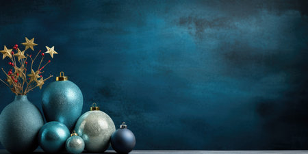 Blue christmas baubles on blue background with copyspaceの素材