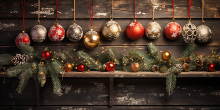 Christmas decoration on wooden background. Christmas and New Year holidays concept.の素材