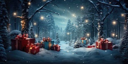 Christmas background with presents and snow in the forest.の素材