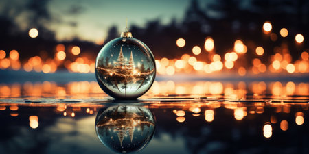 christmas tree in glass ball with reflection on water and bokeh backgroundの素材