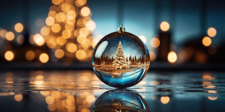 Christmas decoration with glass ball and golden bokeh lights on backgroundの素材