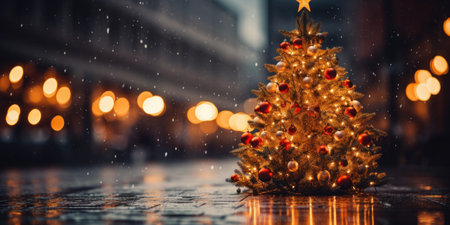 Christmas tree on the street in the rain. Christmas and New Year concept.の素材