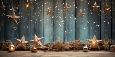 Christmas decoration on wooden background. Christmas greeting card. Copy space.の素材