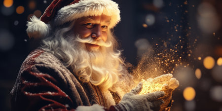 Portrait of Santa Claus blowing golden sparkles. Christmas concept.の素材
