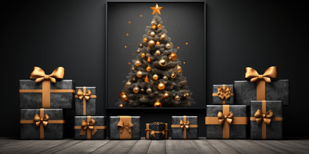 Christmas tree and gift boxes in front of black backgroundの素材