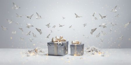 Gift box and flying paper birds on white background with bokeh effectの素材