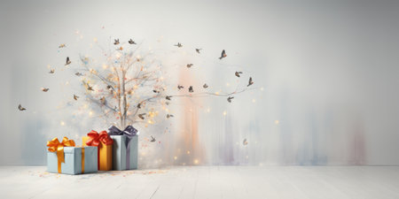 Gift boxes with christmas tree and flying birds.の素材