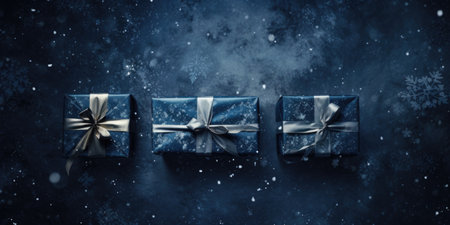 Three gift boxes on a dark blue background with snowflakes.の素材