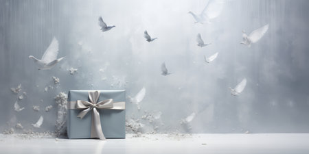 Gift box with a bow on a white background with flying birdsの素材