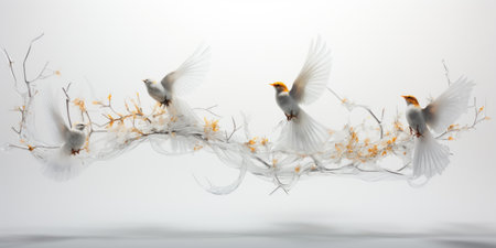 Birds on branch with flowers.の素材