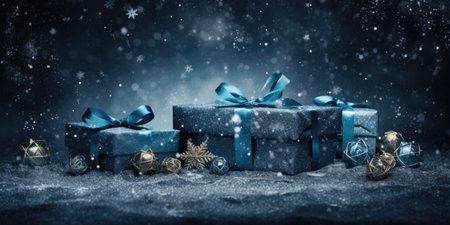 Blue gift boxes with christmas decoration on snow. Christmas background.の素材