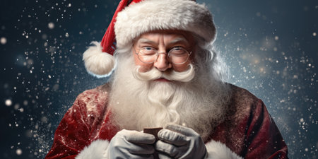 Santa Claus with a cup of hot chocolate on a dark blue backgroundの素材