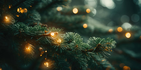 Christmas or New Year background with bokeh lights and fir branchesの素材